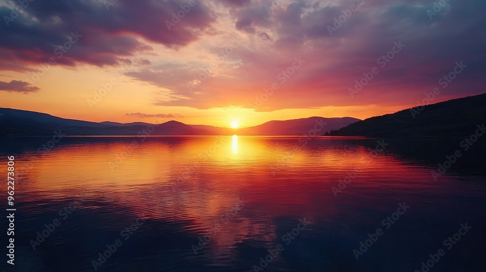 A serene scene of a sun setting over a vast expanse of water surrounded by majestic mountains and billowing clouds A serene scene of a sun setting over a vast expanse of water surrounded by majestic mountains and billowing clouds