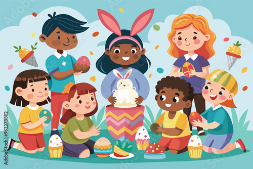 Happy children celebrating Easter with decorated eggs, bunny rabbit, and cupcakes