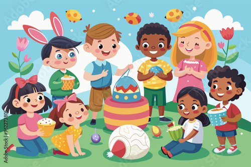 Happy children celebrating Easter with decorated eggs, bunny rabbit, and cupcakes