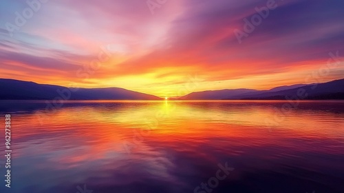  A stunning image featuring a sunset over a vast body of water, with majestic mountains in the background