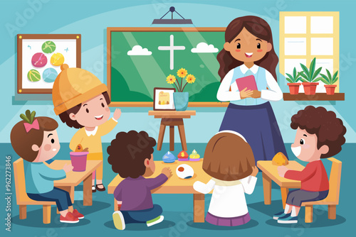 Happy kids sitting at their desks in a classroom, listening to their teacher. Christian themed classroom, with a cross and flowers