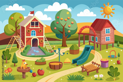 Cartoon illustration of a charming countryside village with houses, a castle, a swimming pool, and a cute snail