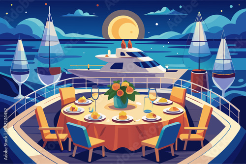 Romantic Dinner on a Yacht Deck with Ocean View at Night