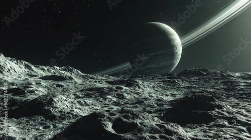   An artist's depiction of a celestial body on the lunar surface, featuring a far-off stellar object in the backdrop photo