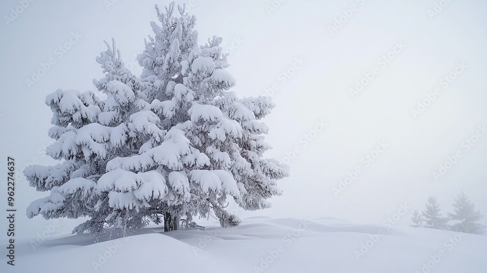 A snow-covered pine tree stands tall amidst a sea of white in a snow-draped field, its branches adorned with glistening snowflakes as they reach towards A snow-covered pine tree stands tall amidst a sea of white in a snow-draped field, its branches adorned with glistening snowflakes as they reach towards