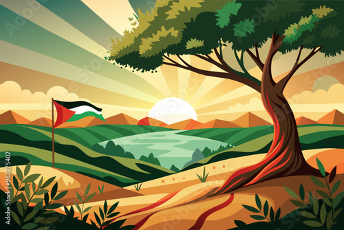 Palestinian flag waving in the wind on a hilltop with a beautiful sunset landscape