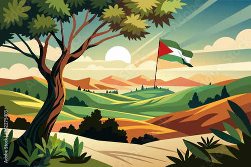 Palestinian flag waving in the wind on a hilltop with a beautiful sunset landscape