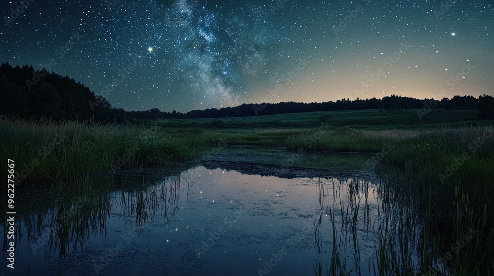 A serene body of water encircled by an emerald green forest, set against the backdrop of a star-studded midnight sky A serene body of water encircled by an emerald green forest, set against the backdrop of a star-studded midnight sky