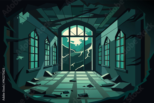 Dark, Abandoned Mansion Interior with Moonlight Shining Through Broken Windows