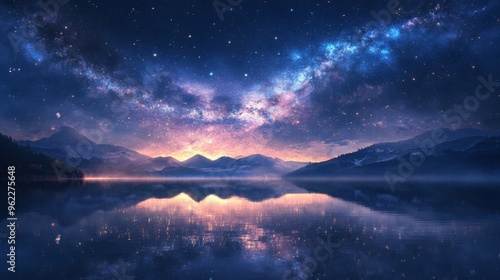 A serene night sky view featuring a galaxy with its arms reflected on a calm lake photo