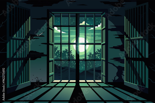 Prison cell window with view of a castle and full moon at night