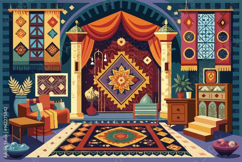 Arabic living room interior design with traditional rug, tapestries, and furniture