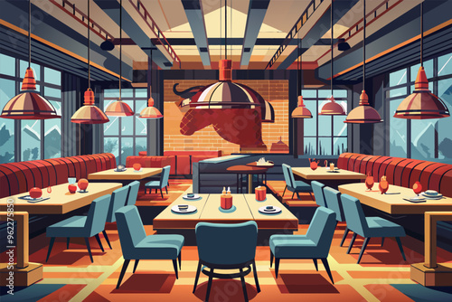 Modern cafe interior design with city view, tables and chairs, red sofas and striped floor