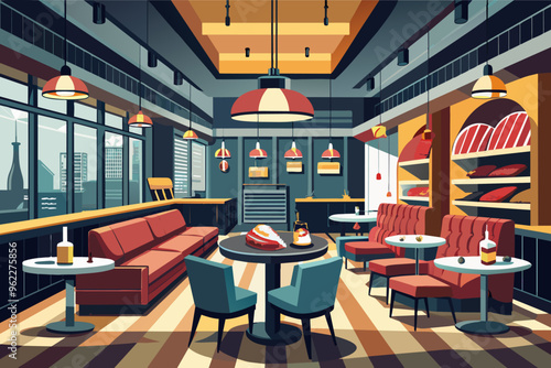 Modern cafe interior design with city view, tables and chairs, red sofas and striped floor