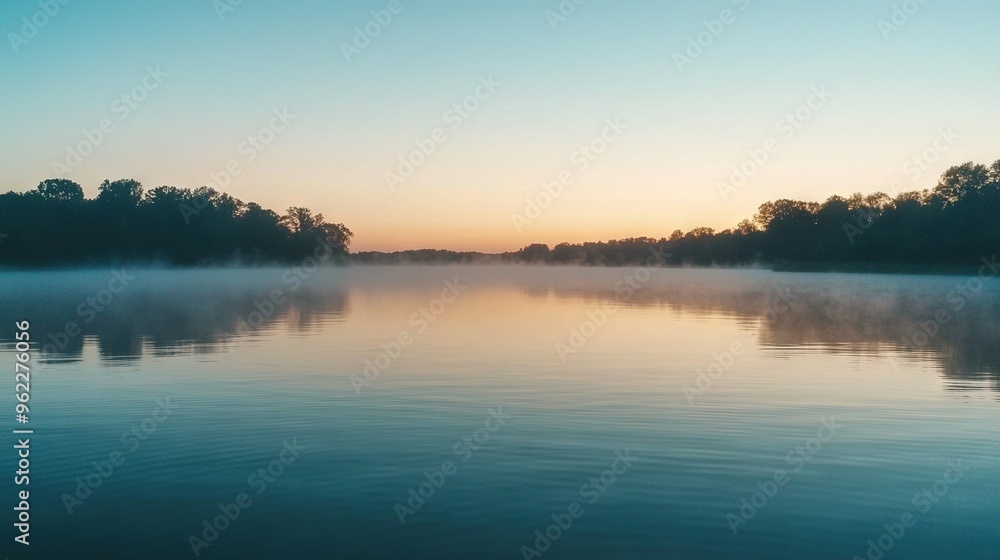 A serene landscape with trees framing a mystical foggy sky, as the sun sets in the backdrop A serene landscape with trees framing a mystical foggy sky, as the sun sets in the backdrop