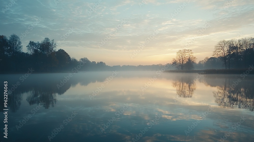 Fototapeta premium A serene lake surrounded by majestic trees and a backdrop of fluffy clouds in the sky