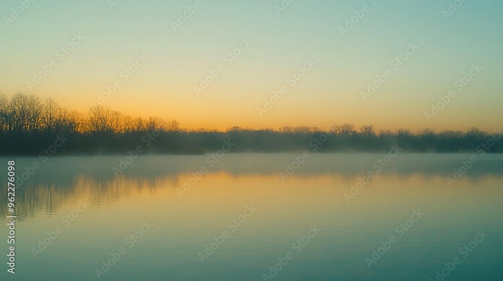 Fototapeta premium A tranquil water body surrounded by lush green trees and a misty sky, adorned with scattered clouds in the foreground