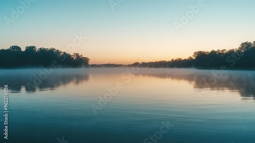 Wallpaper Mural   A serene landscape with trees framing a mystical foggy sky, as the sun sets in the backdrop Torontodigital.ca