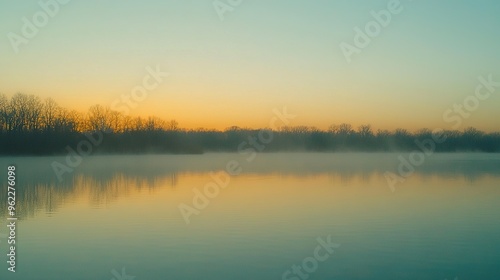  A tranquil water body surrounded by lush green trees and a misty sky, adorned with scattered clouds in the foreground