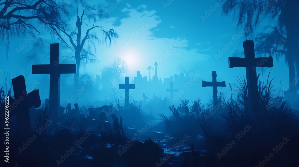 Crosses in a cemetery flat halloween background Crosses in a cemetery flat halloween background