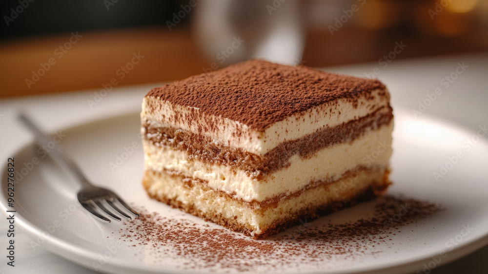 Close-up of a slice of tiramisu on a white plate with a fork. Close-up of a slice of tiramisu on a white plate with a fork.