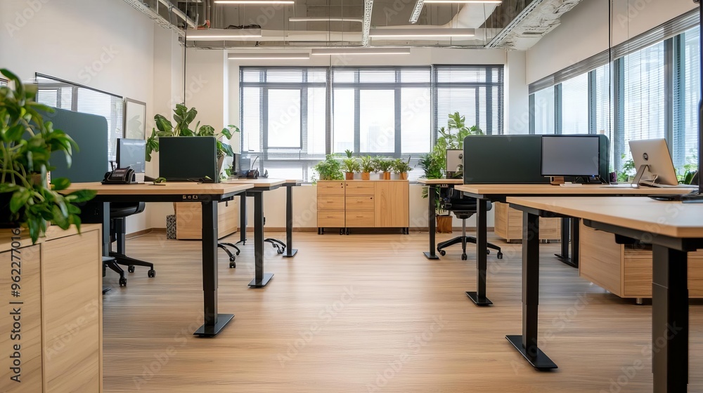 Co-working space with standing desks, natural light, and soundproof booths, designed for productivity and innovation Co-working space with standing desks, natural light, and soundproof booths, designed for productivity and innovation