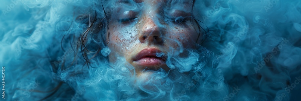 Elegant portrait of a young woman with artistic makeup and a creative background, surrounded by swirling smoke and showcasing a blend of glamour and fantasy. Elegant portrait of a young woman with artistic makeup and a creative background, surrounded by swirling smoke and showcasing a blend of glamour and fantasy.