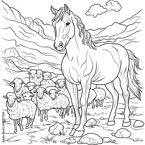 Beautiful Sheep Coloring Page, Farm Animal Colouring Design for Your Corporate Books and Business Graphic Resource or Creative Project, Ai Generative