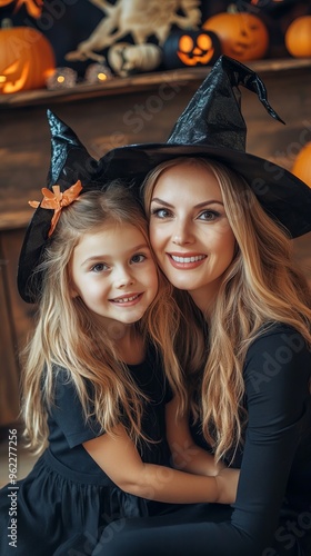 Cute little girl and her beautiful mom in witch hats are looking at camera and smiling while sitting on wooden background decorated for Halloween