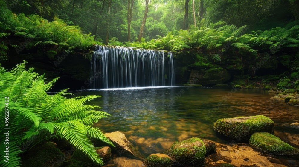 A serene forest waterfall cascading into a clear pool A serene forest waterfall cascading into a clear pool