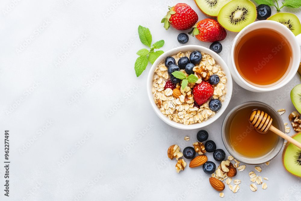 Healthy breakfast bowl with granola and fresh berries, on a white background, fit for banner, social media and advertisement Healthy breakfast bowl with granola and fresh berries, on a white background, fit for banner, social media and advertisement