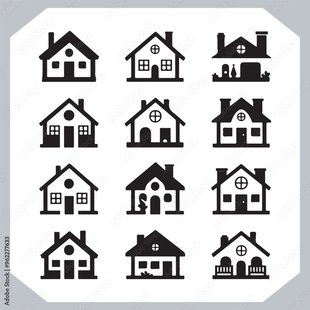 Fototapeta premium Black silhouettes of houses and cottages, home property logo set package, home button, residential building, country cottage, apartment vector illustrations.