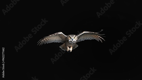 Majestic Owl In Flight With Outstretched Wings Displayed Against A Dramatic Black Background At Night photo