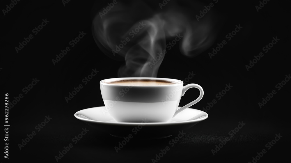 A beautifully crafted white ceramic cup filled with steaming hot coffee sitting against a dark black background. A beautifully crafted white ceramic cup filled with steaming hot coffee sitting against a dark black background.