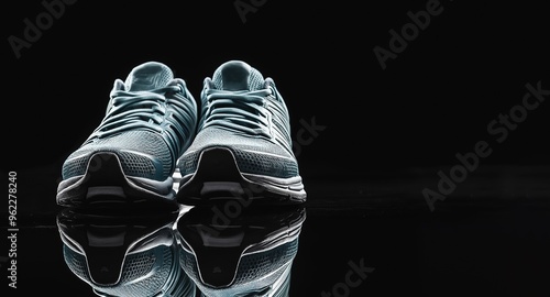 Stylish light blue running shoes featuring white laces, comfortable design, and sleek white sole isolated on a black background.