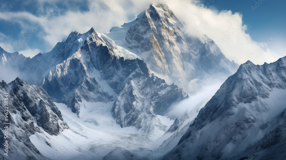 A landscape of snow-capped mountain peaks with cloudy summits, capturing the majestic and serene beauty of high-altitude scenery. A landscape of snow-capped mountain peaks with cloudy summits, capturing the majestic and serene beauty of high-altitude scenery.