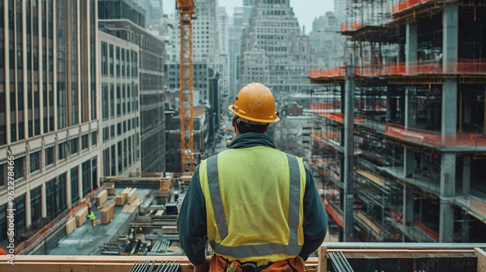 construction worker in a hard hat operating a crane at a busy building site, copy space construction worker in a hard hat operating a crane at a busy building site, copy space
