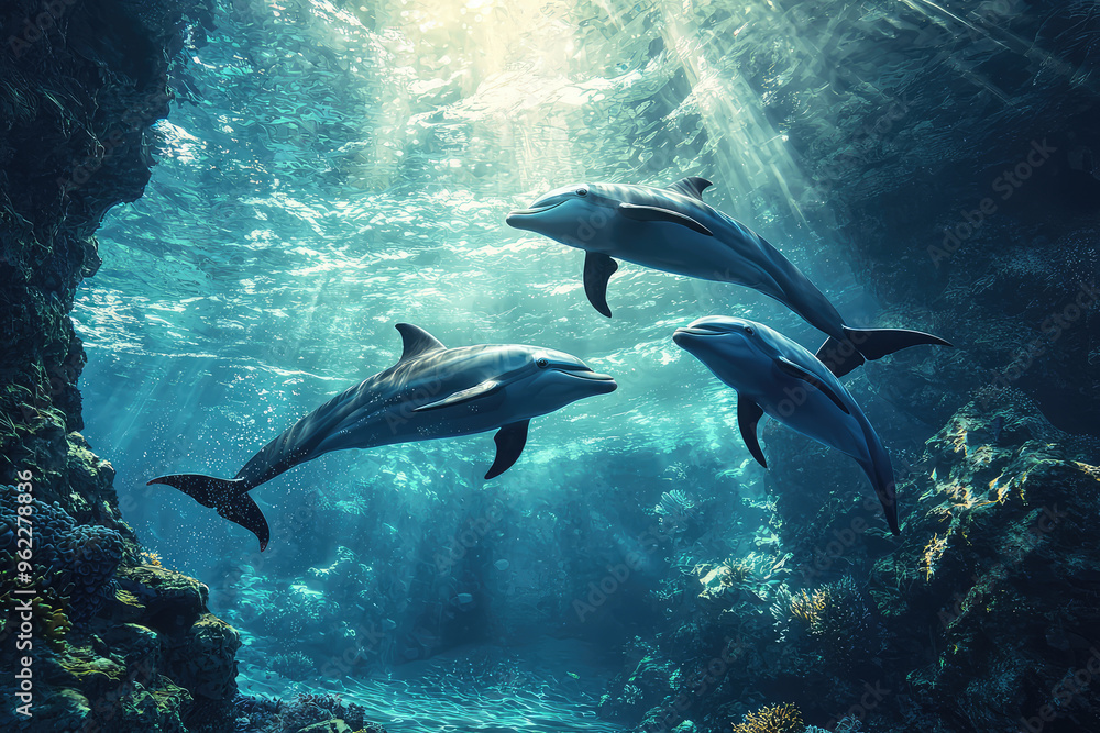 A Trio of Dolphins Play in Sunbeams, Illuminating the Underwater World A Trio of Dolphins Play in Sunbeams, Illuminating the Underwater World