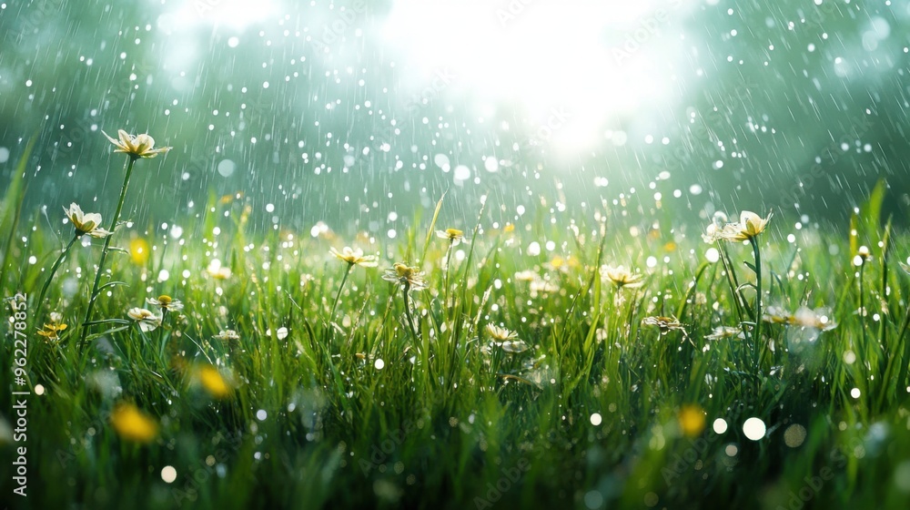 A scenic view of a meadow or field with rain gently falling A scenic view of a meadow or field with rain gently falling