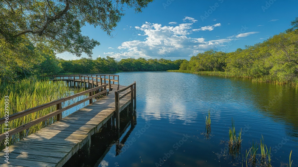 Fototapeta premium A scenic view of a Florida lake with a boardwalk winding through wetlands and mangroves