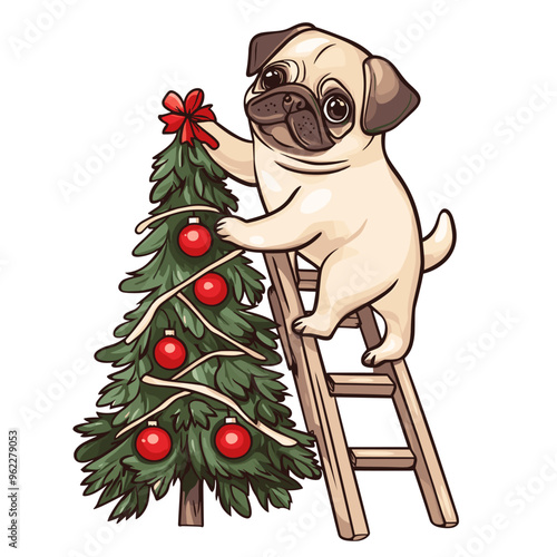 vector dog d decorates christmas tree on white background .Generative AI