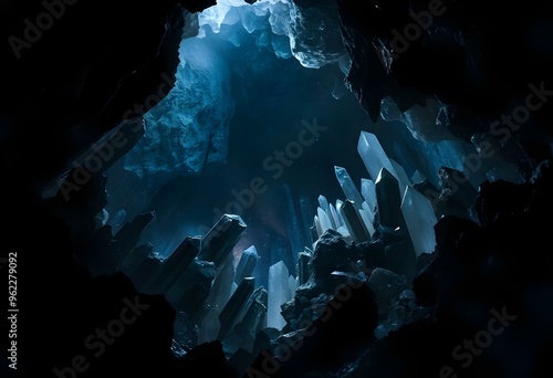 a deep crystal cave background with jagged edges and a mix of light and dark crystals creating a mysterious atmosphere create with ai