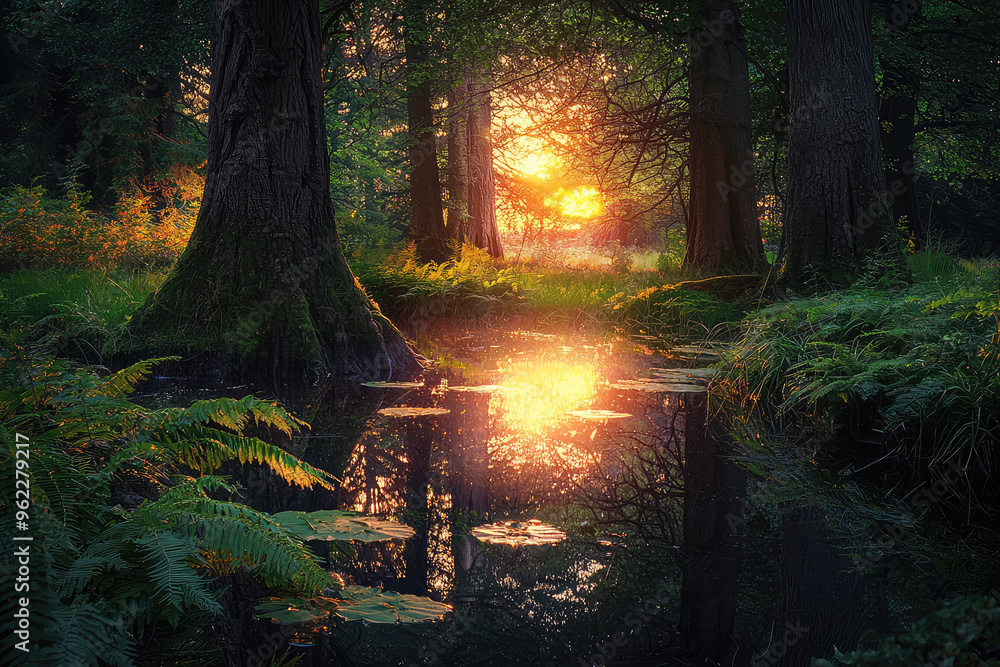 Obraz premium Golden Light Bathes a Tranquil Forest Pond, Reflecting the Sun's Warm Glow Through Ancient Trees.
