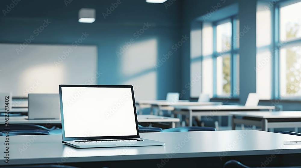 Open laptop on the wooden table in a bright classroom setting with empty chairs arranged for students.