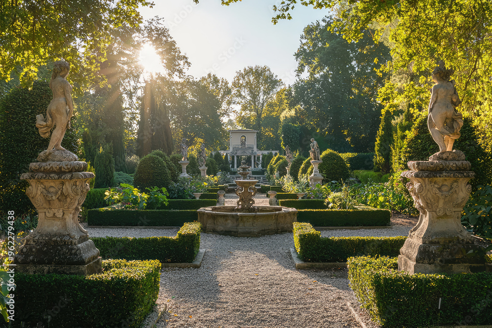 A Serene Oasis: Sun-drenched Renaissance-style garden with symmetrical hedges, statues, and a calming fountain. A Serene Oasis: Sun-drenched Renaissance-style garden with symmetrical hedges, statues, and a calming fountain.