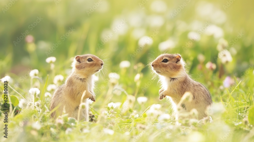 Two curious gophers standing on their hind legs in a lush green meadow filled with white flowers under the warm sunlight Two curious gophers standing on their hind legs in a lush green meadow filled with white flowers under the warm sunlight