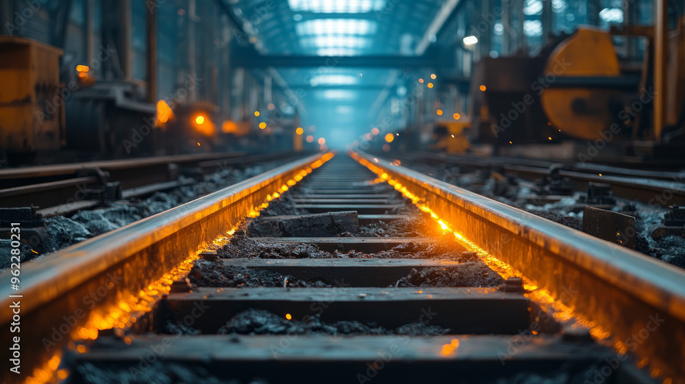 Obraz premium Close-up of glowing train tracks in an industrial factory.