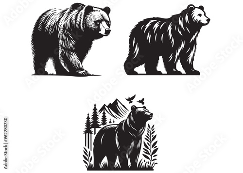 bear vector illustration, grizzly bear silhouettes, bear silhouette logo vector animals, bear black silhouette animals vector set, bear wild animal silhouettes on the white background