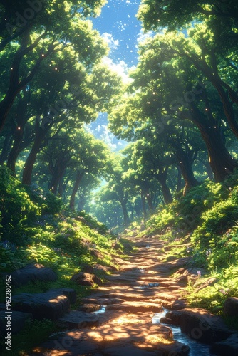 Sunlit Forest Pathway - A serene, sunlit forest path covered in lush greenery, with soft light filtering through towering trees. A peaceful nature escape.