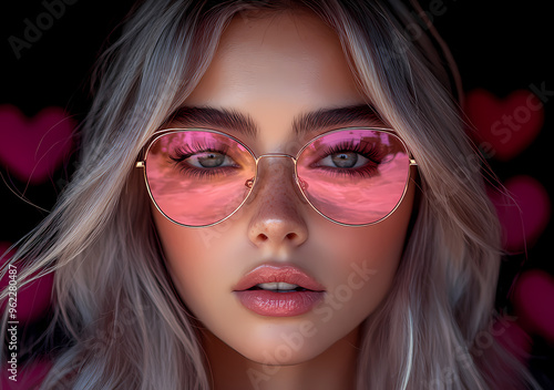 Woman with blonde hair and pink sunglasses against a heart background.